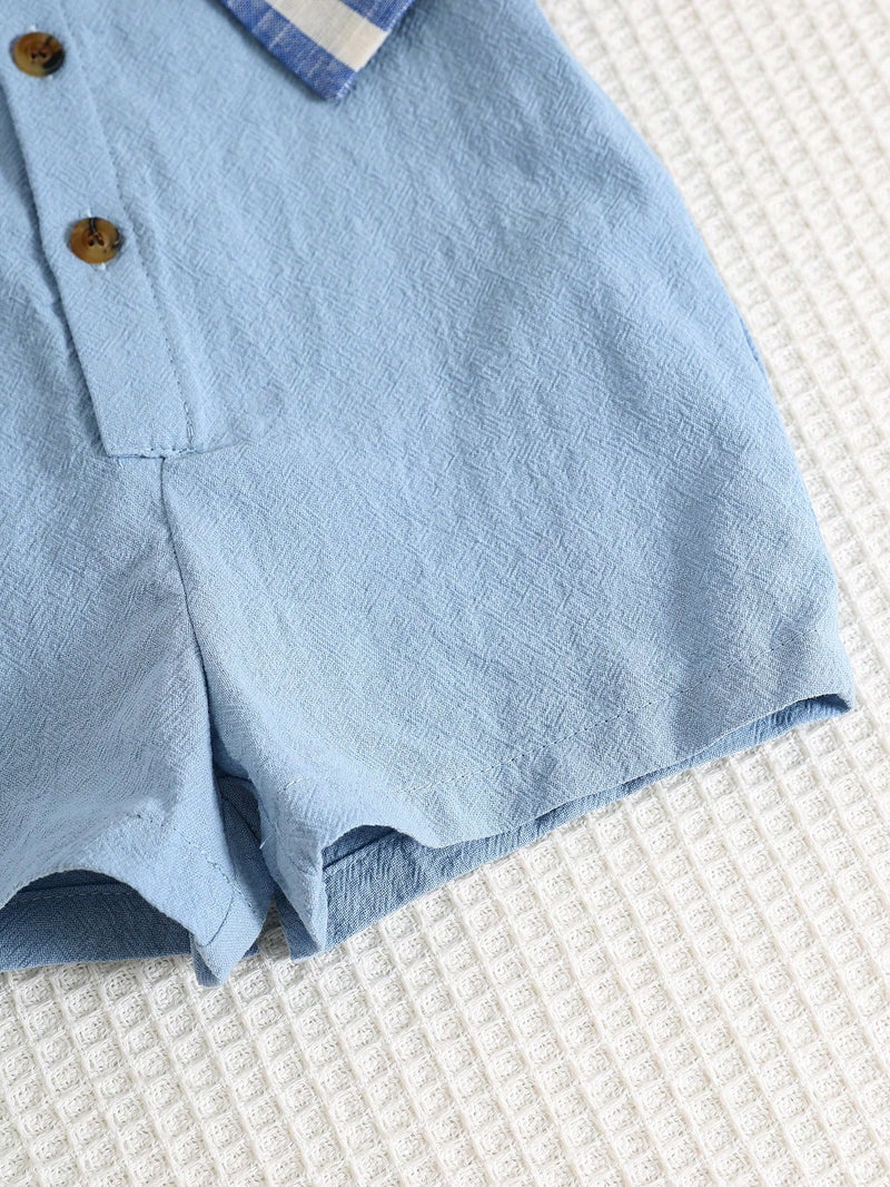 Camisa de Manga Curta Casual de Cor Sólida para Bebê/Criança Pequena, Macacão com Capa e Shorts Listrados, Adequado para Uso na Primavera/Verão, Casa e Passeio