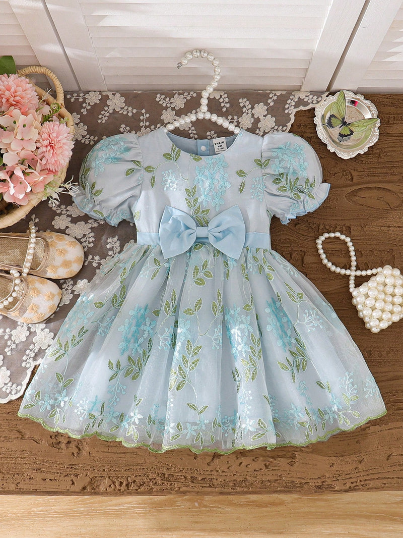 Souflis Souflis Vestido Rodado de Bebê Menina, Primavera, Rosa, Estilo Fofo e Luxuoso em Tecido Tule Fofinho, Decote Redondo, Cintura Abrível com Laço, Adequado para Festa e Reunião