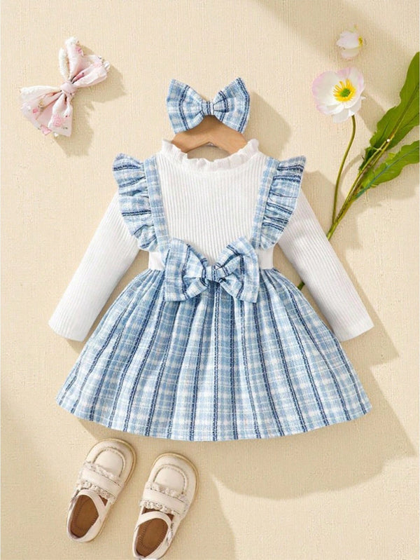 Souflis Souflis Vestido de Manga Longa Branco de Primavera para Bebê Menina, Estampado com Retalhos e Xadrez Azul, com Tiara, Casual e na Moda, Adequado para Brincadeiras ao Ar Livre