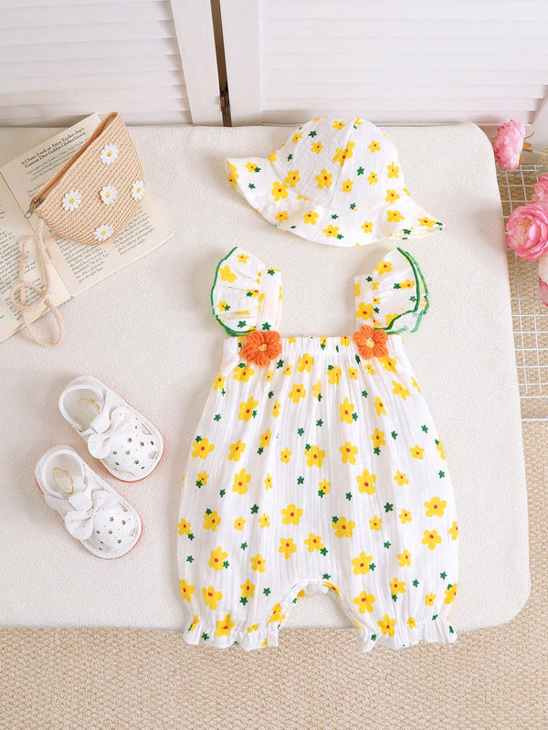 2 peças Conjunto Fofo de Macacão Floral Miúdo de Verão + Chapéu para Bebê Menina