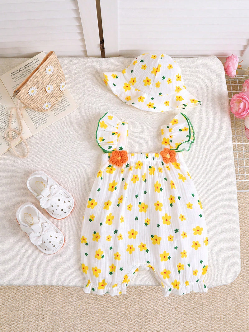 2 peças Conjunto Fofo de Macacão Floral Miúdo de Verão + Chapéu para Bebê Menina