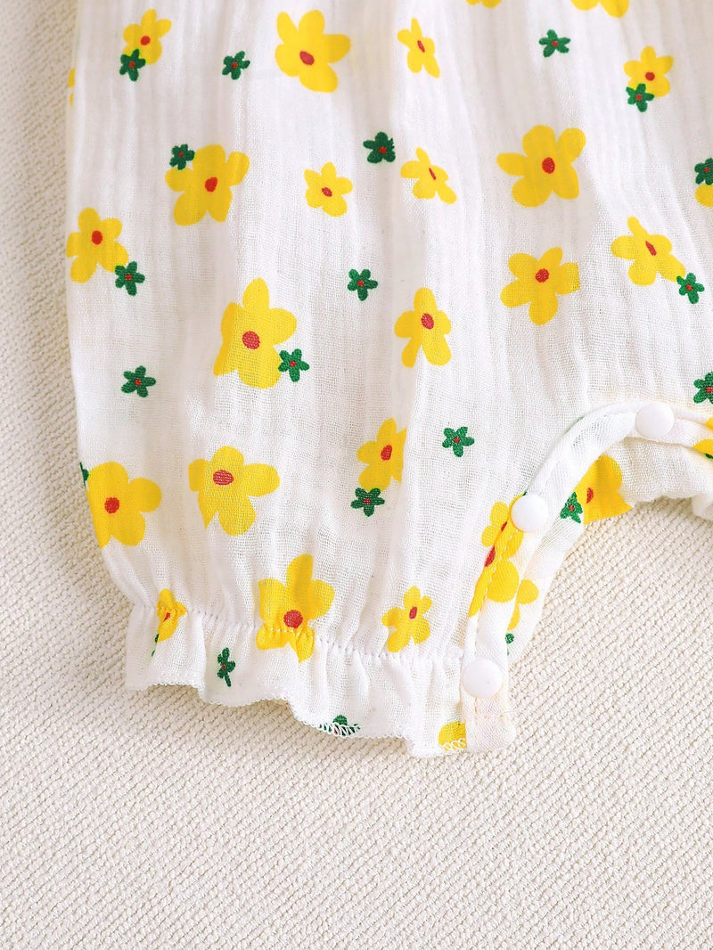 2 peças Conjunto Fofo de Macacão Floral Miúdo de Verão + Chapéu para Bebê Menina