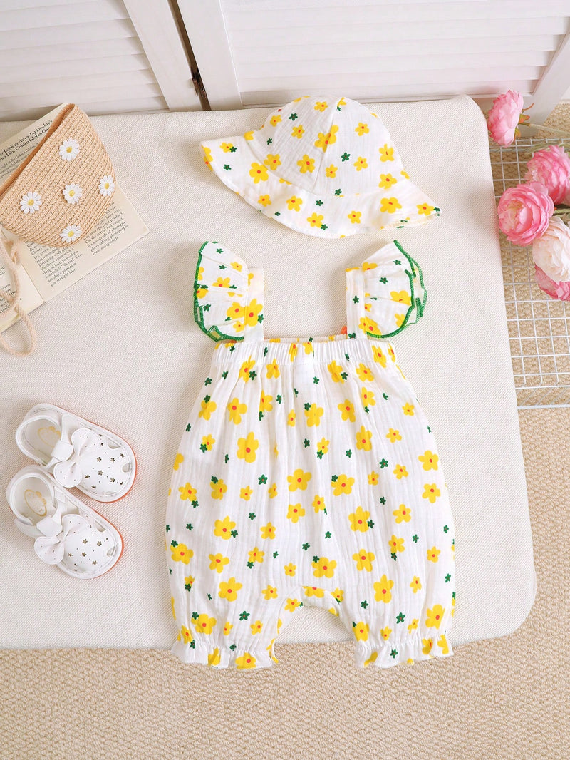 2 peças Conjunto Fofo de Macacão Floral Miúdo de Verão + Chapéu para Bebê Menina