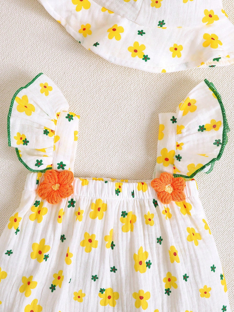 2 peças Conjunto Fofo de Macacão Floral Miúdo de Verão + Chapéu para Bebê Menina