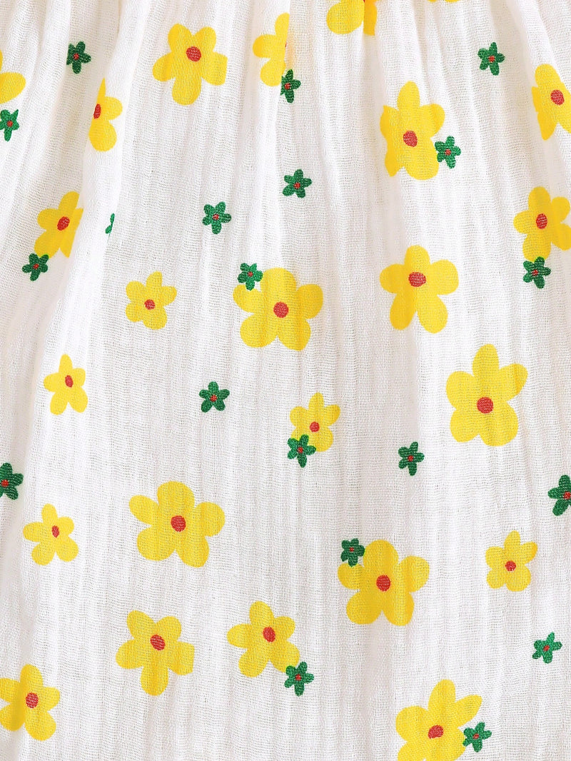 2 peças Conjunto Fofo de Macacão Floral Miúdo de Verão + Chapéu para Bebê Menina