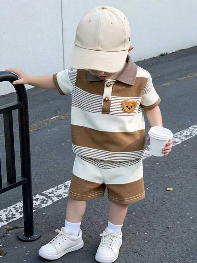 Souflis Souflis Conjunto de Bebê Menino Infantil Casual e Adorável com Camisa Polo de Manga Curta Listrada e Shorts, com Bordado de Urso, Adequado para o Verão