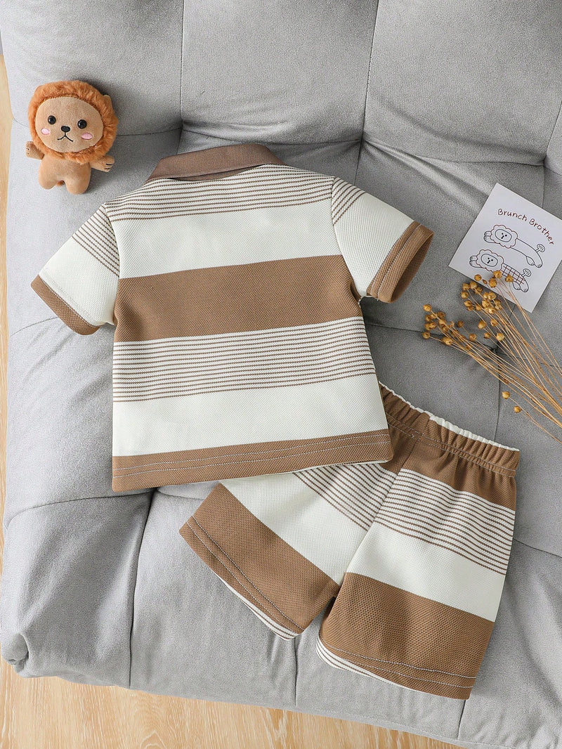 Souflis Souflis Conjunto de Bebê Menino Infantil Casual e Adorável com Camisa Polo de Manga Curta Listrada e Shorts, com Bordado de Urso, Adequado para o Verão
