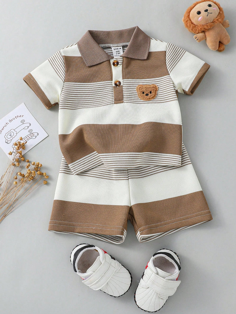 Souflis Souflis Conjunto de Bebê Menino Infantil Casual e Adorável com Camisa Polo de Manga Curta Listrada e Shorts, com Bordado de Urso, Adequado para o Verão