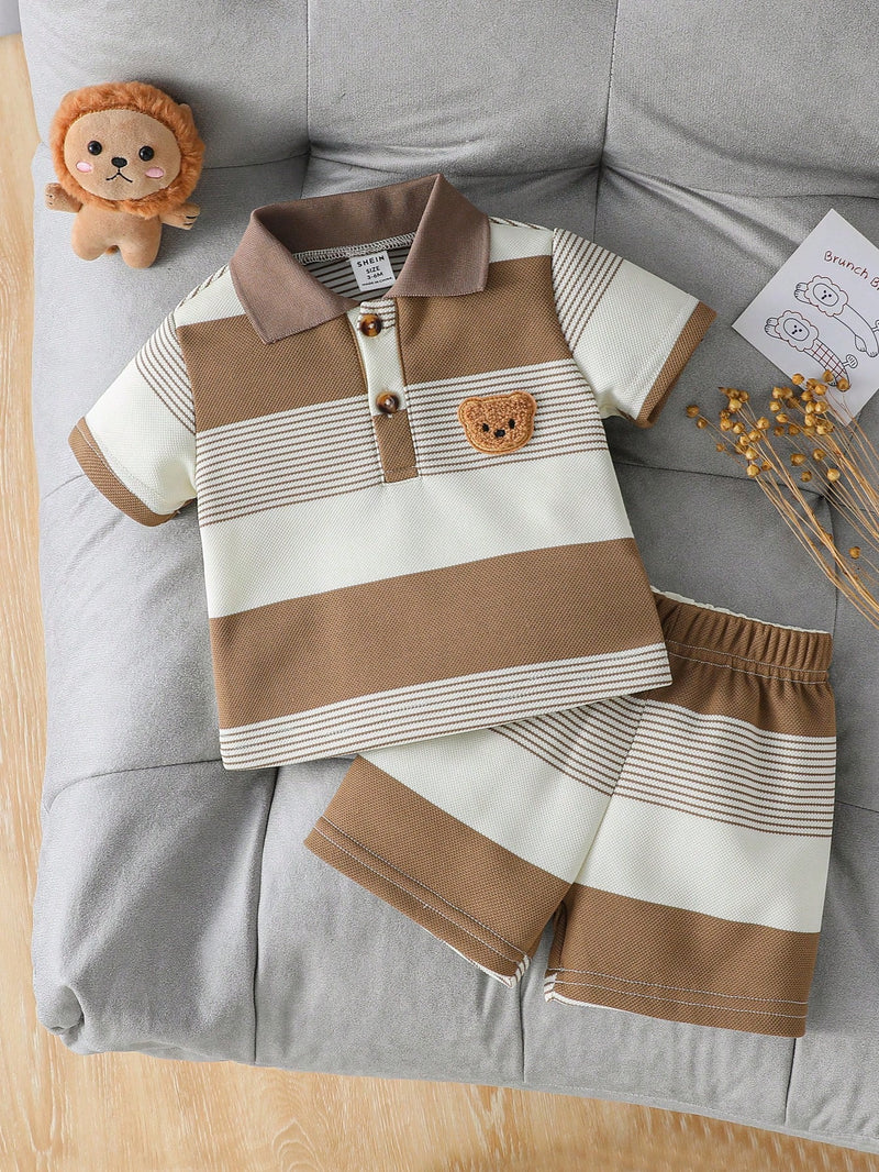 Souflis Souflis Conjunto de Bebê Menino Infantil Casual e Adorável com Camisa Polo de Manga Curta Listrada e Shorts, com Bordado de Urso, Adequado para o Verão