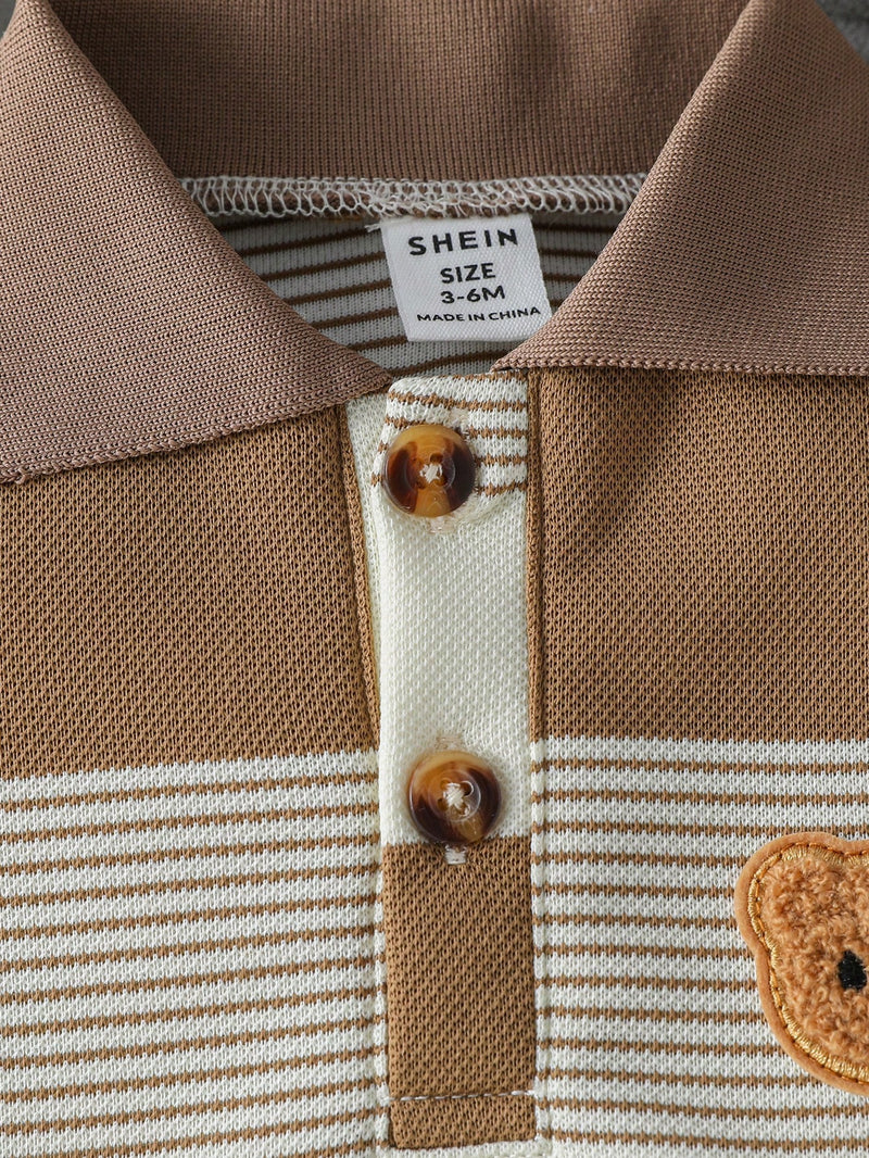 Souflis Souflis Conjunto de Bebê Menino Infantil Casual e Adorável com Camisa Polo de Manga Curta Listrada e Shorts, com Bordado de Urso, Adequado para o Verão