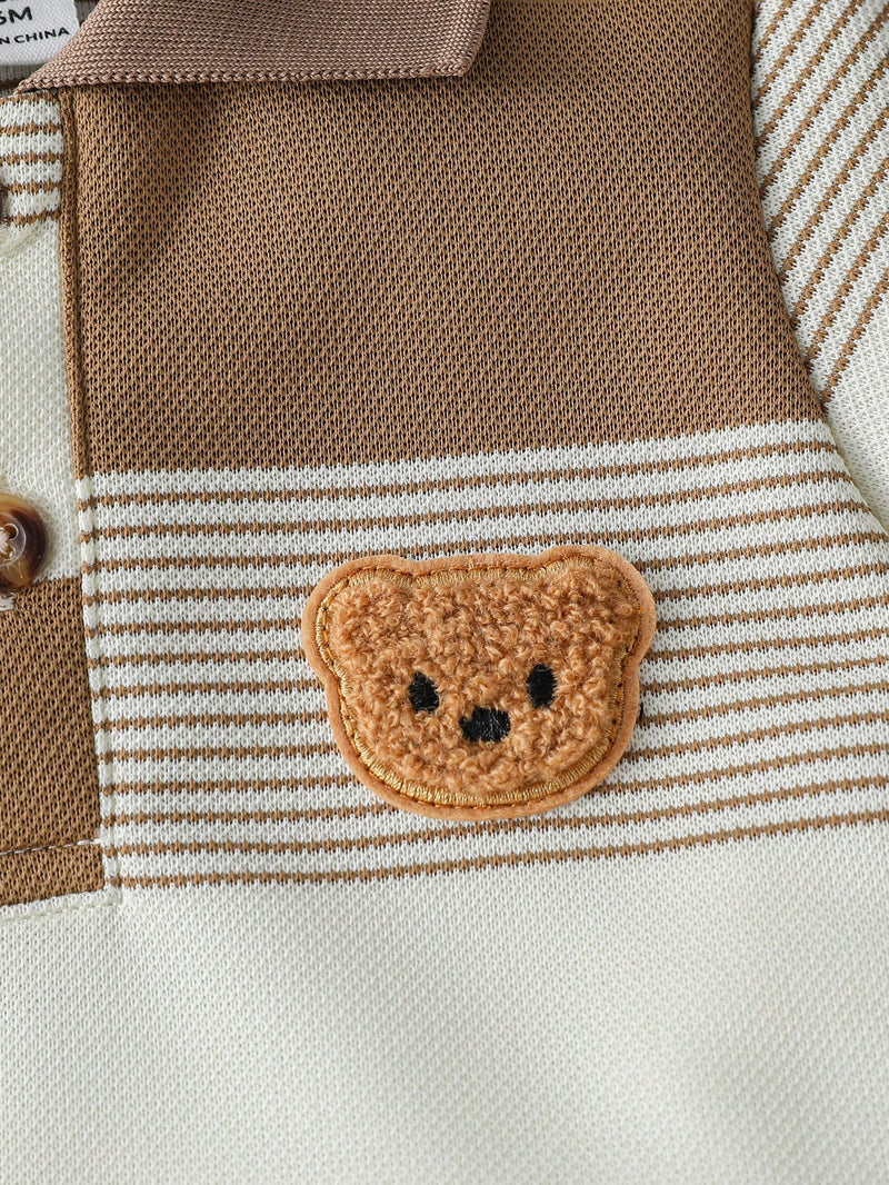 Souflis Souflis Conjunto de Bebê Menino Infantil Casual e Adorável com Camisa Polo de Manga Curta Listrada e Shorts, com Bordado de Urso, Adequado para o Verão