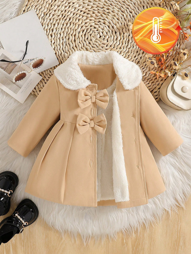 Souflis Souflis Jaqueta Forrada de Fleece para Bebês Meninas com Gola Falsa de Pele e Laço 3D, Casaco Trench para Outono Inverno, Cáqui Marrom