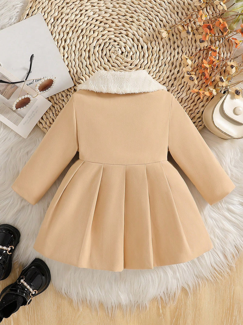 Souflis Souflis Jaqueta Forrada de Fleece para Bebês Meninas com Gola Falsa de Pele e Laço 3D, Casaco Trench para Outono Inverno, Cáqui Marrom