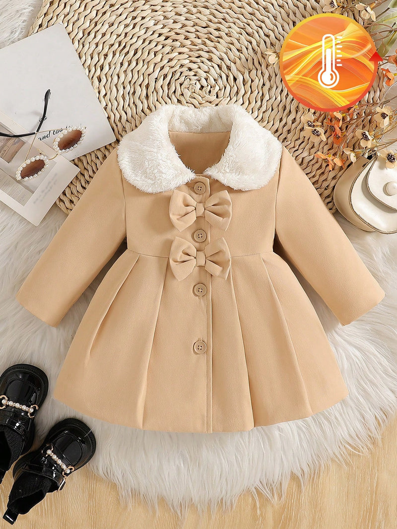 Souflis Souflis Jaqueta Forrada de Fleece para Bebês Meninas com Gola Falsa de Pele e Laço 3D, Casaco Trench para Outono Inverno, Cáqui Marrom