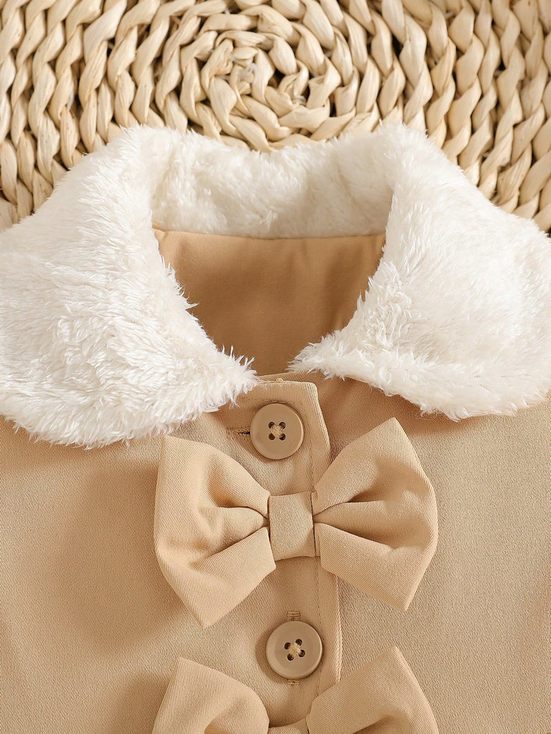 Souflis Souflis Jaqueta Forrada de Fleece para Bebês Meninas com Gola Falsa de Pele e Laço 3D, Casaco Trench para Outono Inverno, Cáqui Marrom