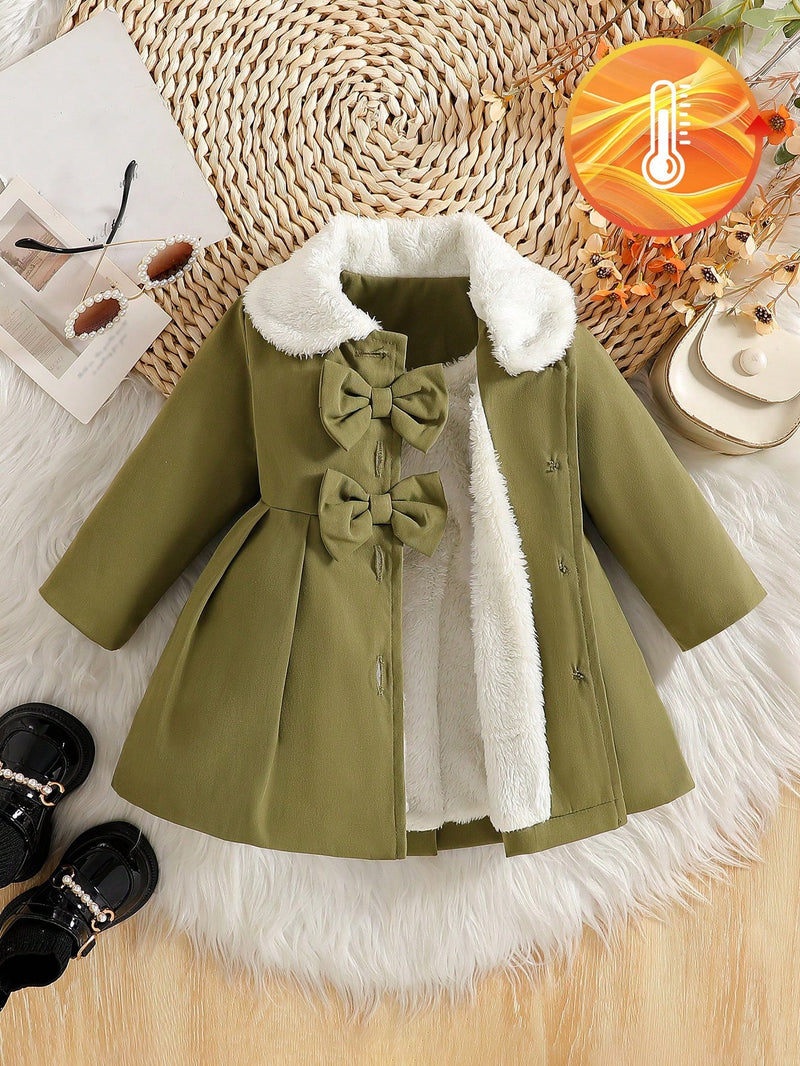 Souflis Souflis Jaqueta Forrada de Fleece para Bebês Meninas com Gola Falsa de Pele e Laço 3D, Casaco Trench para Outono Inverno, Cáqui Marrom