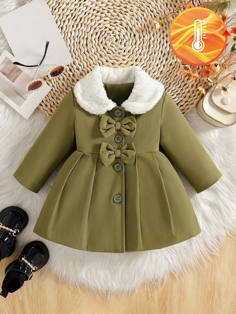 Souflis Souflis Jaqueta Forrada de Fleece para Bebês Meninas com Gola Falsa de Pele e Laço 3D, Casaco Trench para Outono Inverno, Cáqui Marrom