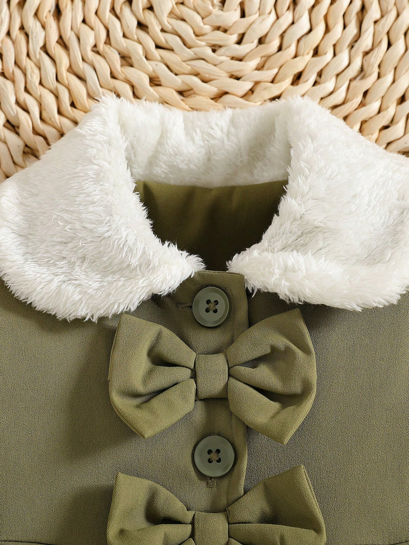 Souflis Souflis Jaqueta Forrada de Fleece para Bebês Meninas com Gola Falsa de Pele e Laço 3D, Casaco Trench para Outono Inverno, Cáqui Marrom
