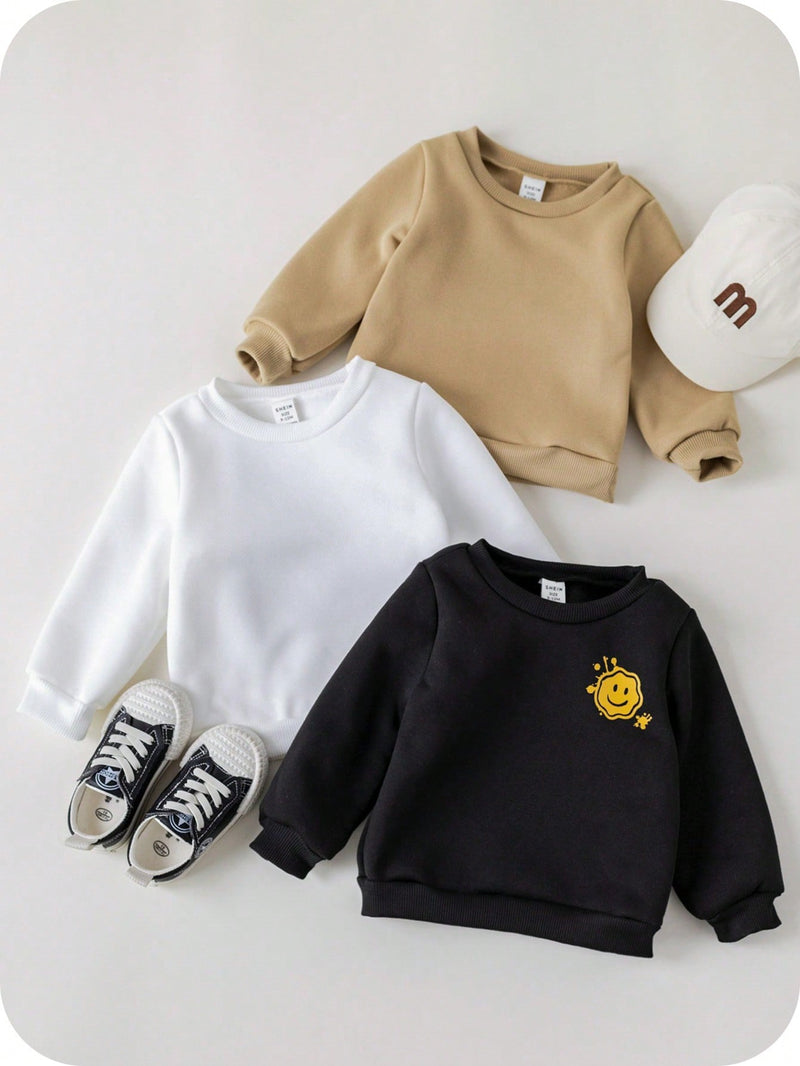 3 peças Suéteres All-Match para Bebê Menino com Padrão de Rosto de Desenho Animado Fofo em Preto, Branco e Caqui, Adequado para Primavera, Outono e Inverno