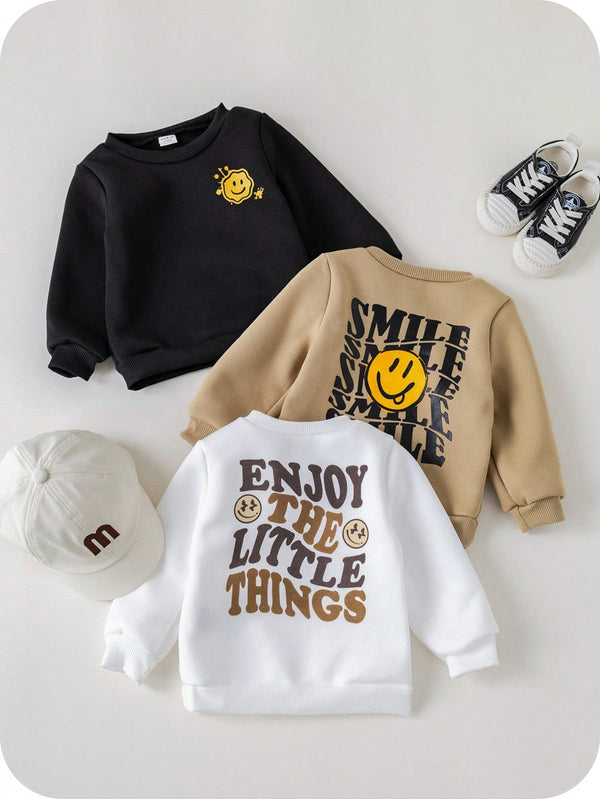 3 peças Suéteres All-Match para Bebê Menino com Padrão de Rosto de Desenho Animado Fofo em Preto, Branco e Caqui, Adequado para Primavera, Outono e Inverno