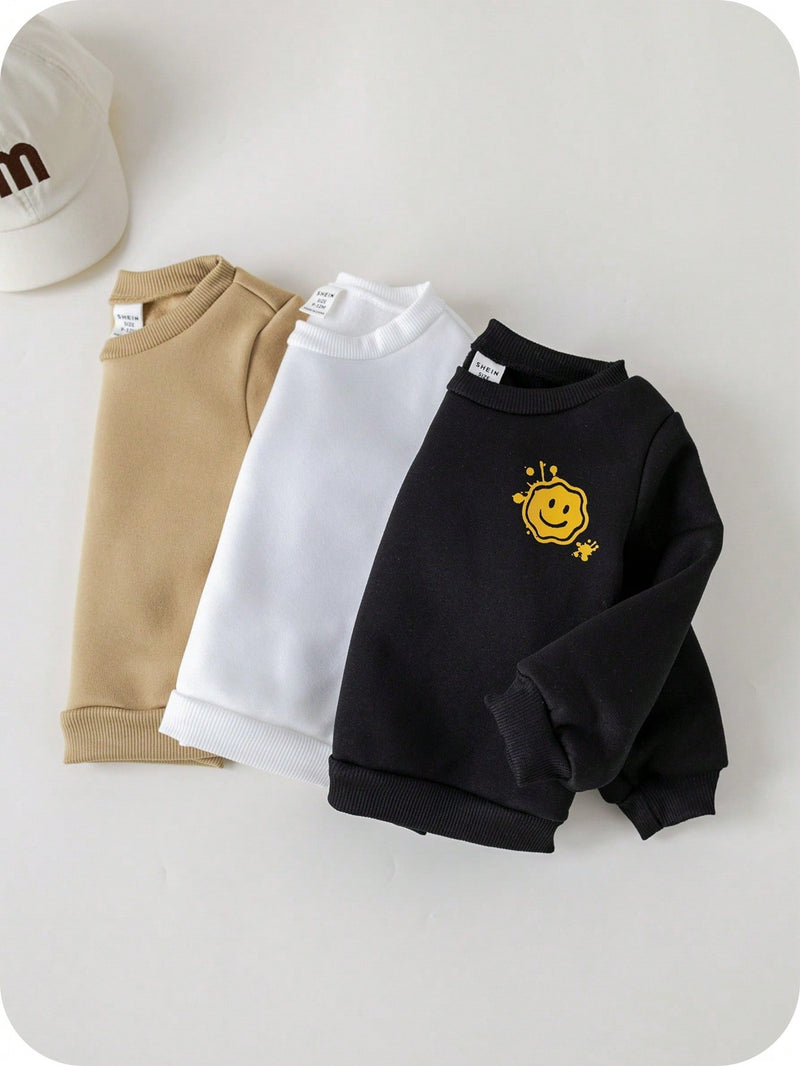 3 peças Suéteres All-Match para Bebê Menino com Padrão de Rosto de Desenho Animado Fofo em Preto, Branco e Caqui, Adequado para Primavera, Outono e Inverno