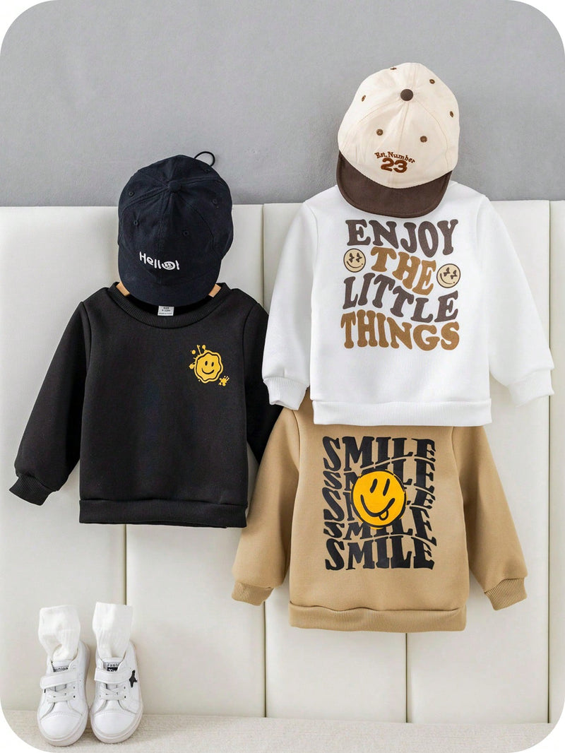 3 peças Suéteres All-Match para Bebê Menino com Padrão de Rosto de Desenho Animado Fofo em Preto, Branco e Caqui, Adequado para Primavera, Outono e Inverno