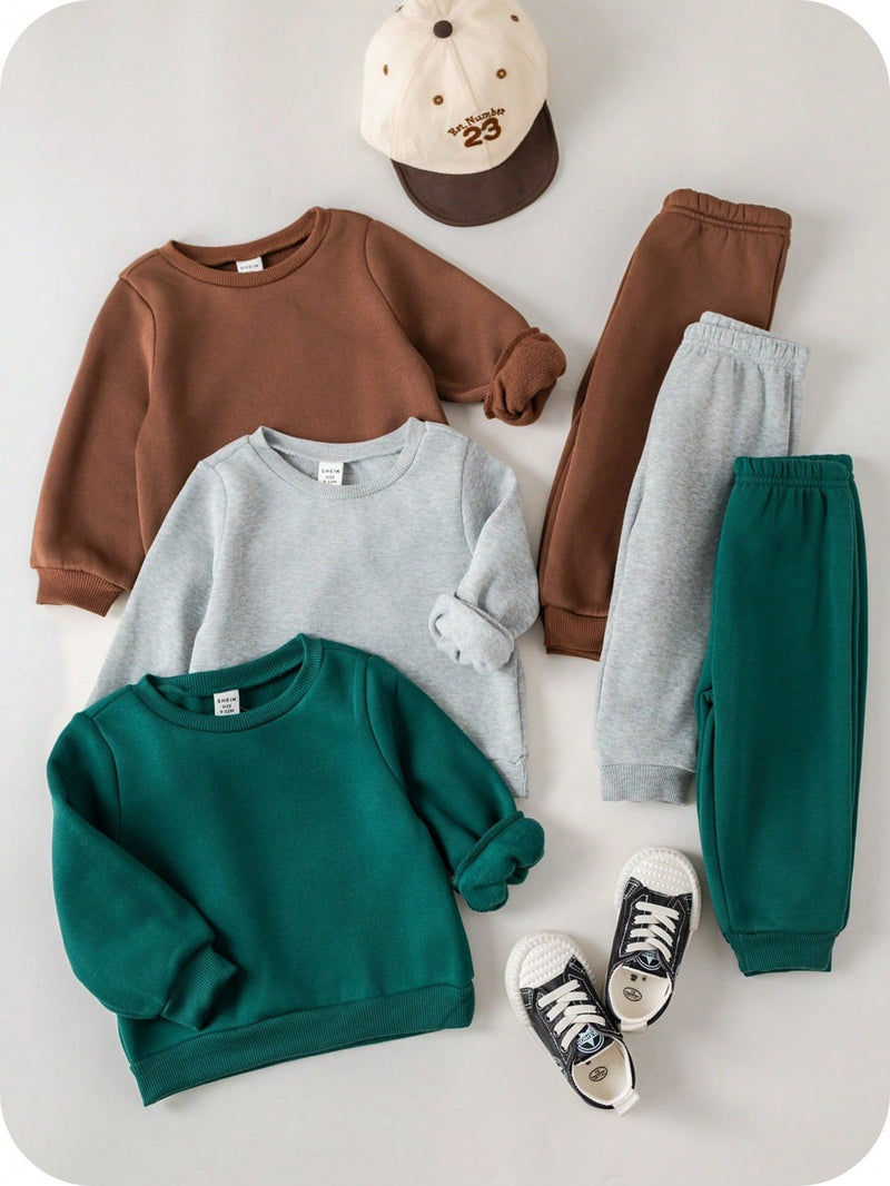 6 Peças Pacote de Conjunto de Roupas Combinadas de Menino/Menina Bebê, Verde Caqui e Cinza Sólido, Moletom de Manga Longa com Capuz Versátil e Calça Longa de Cintura Elástica, Adequado para Outono/Inverno, Outdoor e Esportes