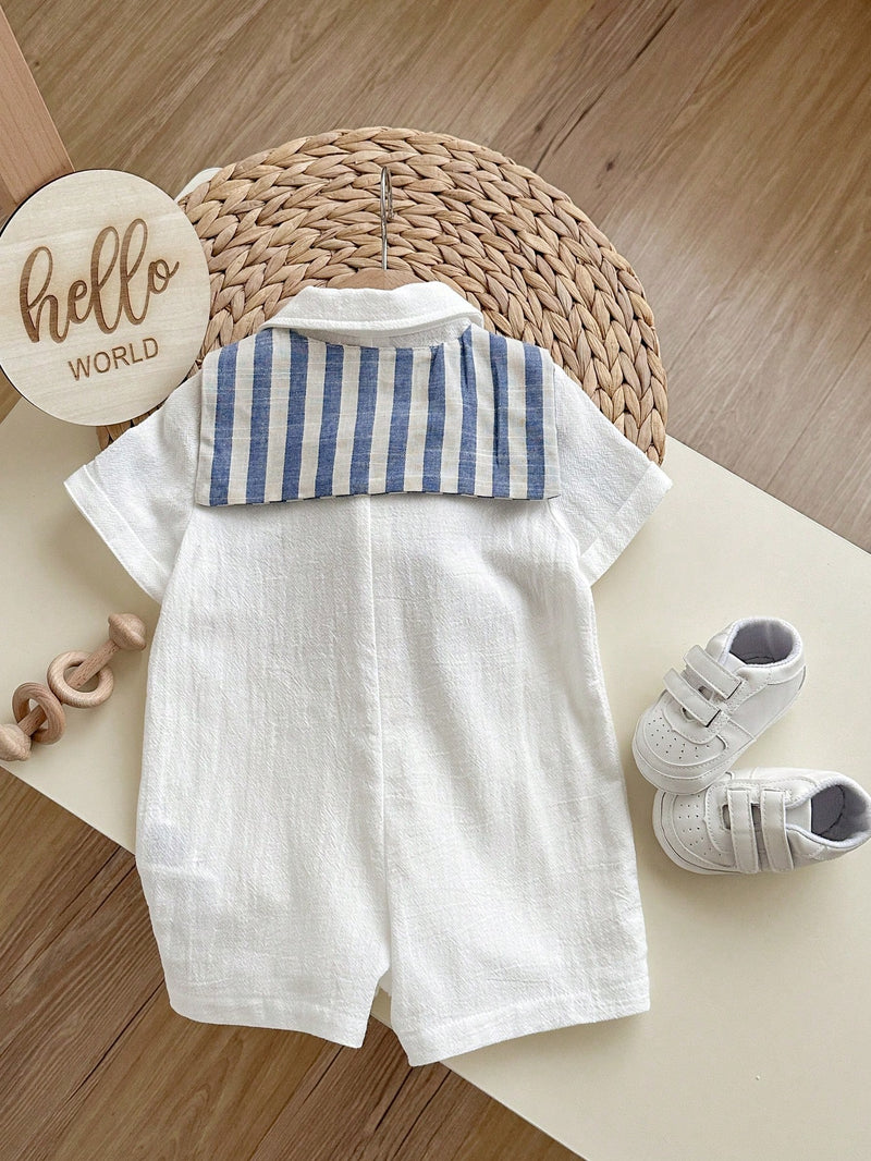 Camisa de Manga Curta Casual de Cor Sólida para Bebê/Criança Pequena, Macacão com Capa e Shorts Listrados, Adequado para Uso na Primavera/Verão, Casa e Passeio