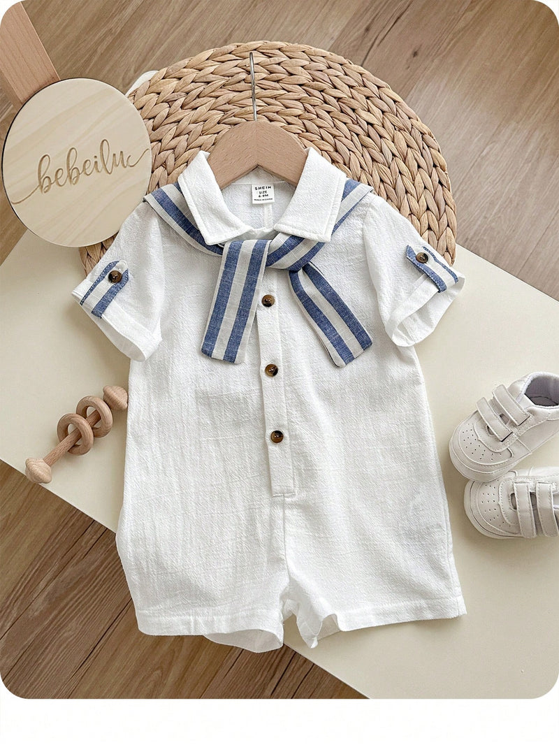 Camisa de Manga Curta Casual de Cor Sólida para Bebê/Criança Pequena, Macacão com Capa e Shorts Listrados, Adequado para Uso na Primavera/Verão, Casa e Passeio