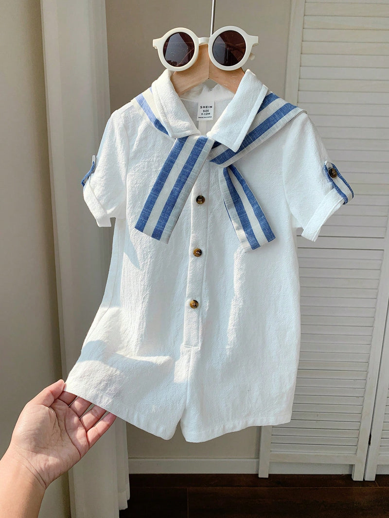 Camisa de Manga Curta Casual de Cor Sólida para Bebê/Criança Pequena, Macacão com Capa e Shorts Listrados, Adequado para Uso na Primavera/Verão, Casa e Passeio