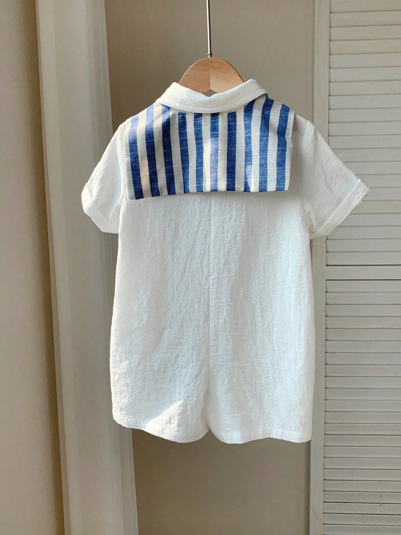 Camisa de Manga Curta Casual de Cor Sólida para Bebê/Criança Pequena, Macacão com Capa e Shorts Listrados, Adequado para Uso na Primavera/Verão, Casa e Passeio