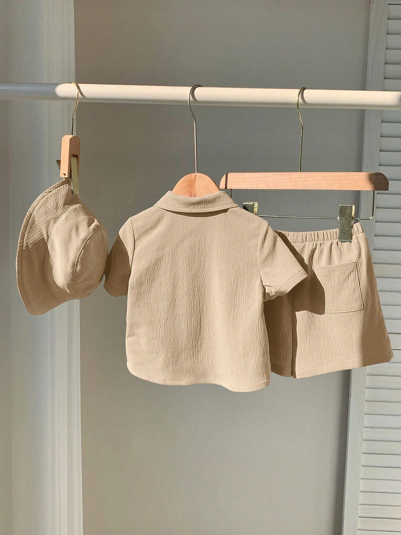 3 peças/Conjunto Cardigan de Manga Curta com Gola Bordada para Bebê Menino, Shorts com Cintura Elástica e Chapéu