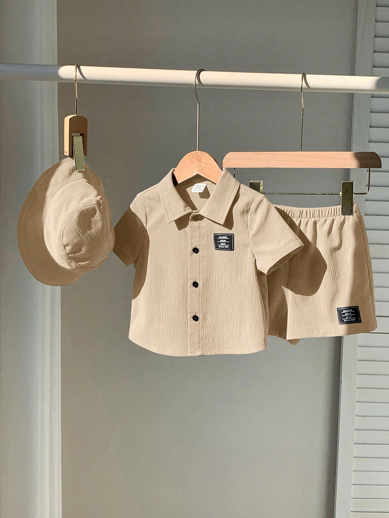 3 peças/Conjunto Cardigan de Manga Curta com Gola Bordada para Bebê Menino, Shorts com Cintura Elástica e Chapéu