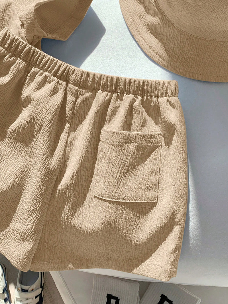 3 peças/Conjunto Cardigan de Manga Curta com Gola Bordada para Bebê Menino, Shorts com Cintura Elástica e Chapéu
