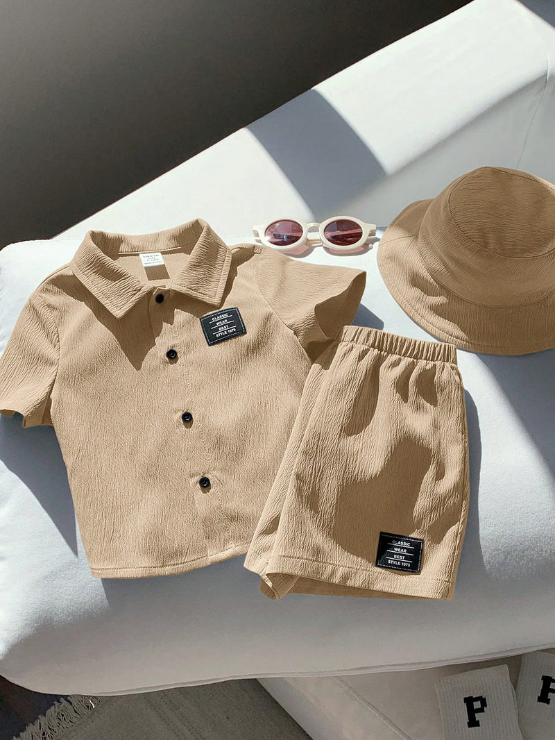 3 peças/Conjunto Cardigan de Manga Curta com Gola Bordada para Bebê Menino, Shorts com Cintura Elástica e Chapéu