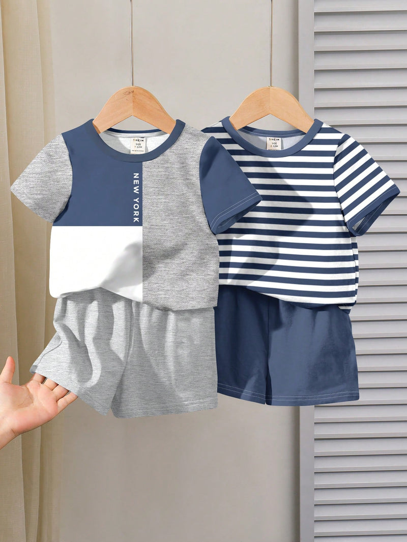 4 peças/conjunto de Verão Estilo Coreano Casual Fofo, Padrão de Desenho Animado Listrado Camiseta Manga Curta, Shorts de Elástico com Bolsos para Meninos e Meninas Bebês