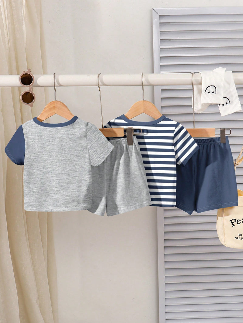 4 peças/conjunto de Verão Estilo Coreano Casual Fofo, Padrão de Desenho Animado Listrado Camiseta Manga Curta, Shorts de Elástico com Bolsos para Meninos e Meninas Bebês