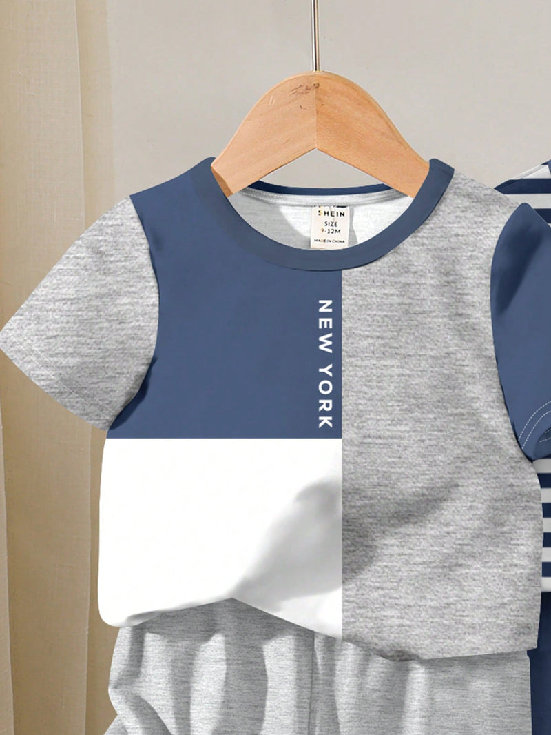 4 peças/conjunto de Verão Estilo Coreano Casual Fofo, Padrão de Desenho Animado Listrado Camiseta Manga Curta, Shorts de Elástico com Bolsos para Meninos e Meninas Bebês