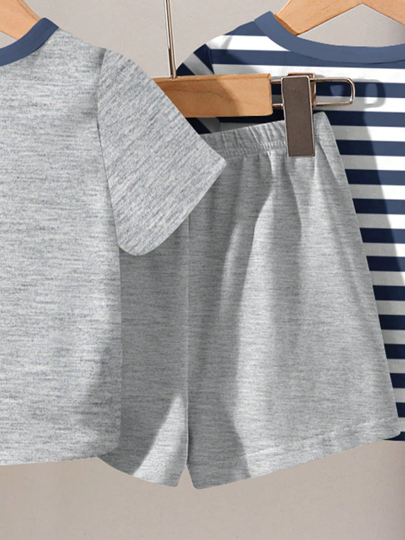 4 peças/conjunto de Verão Estilo Coreano Casual Fofo, Padrão de Desenho Animado Listrado Camiseta Manga Curta, Shorts de Elástico com Bolsos para Meninos e Meninas Bebês