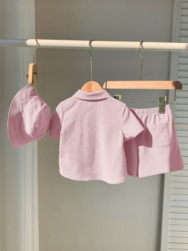 3 peças/Conjunto Cardigan de Manga Curta com Gola Bordada para Bebê Menino, Shorts com Cintura Elástica e Chapéu