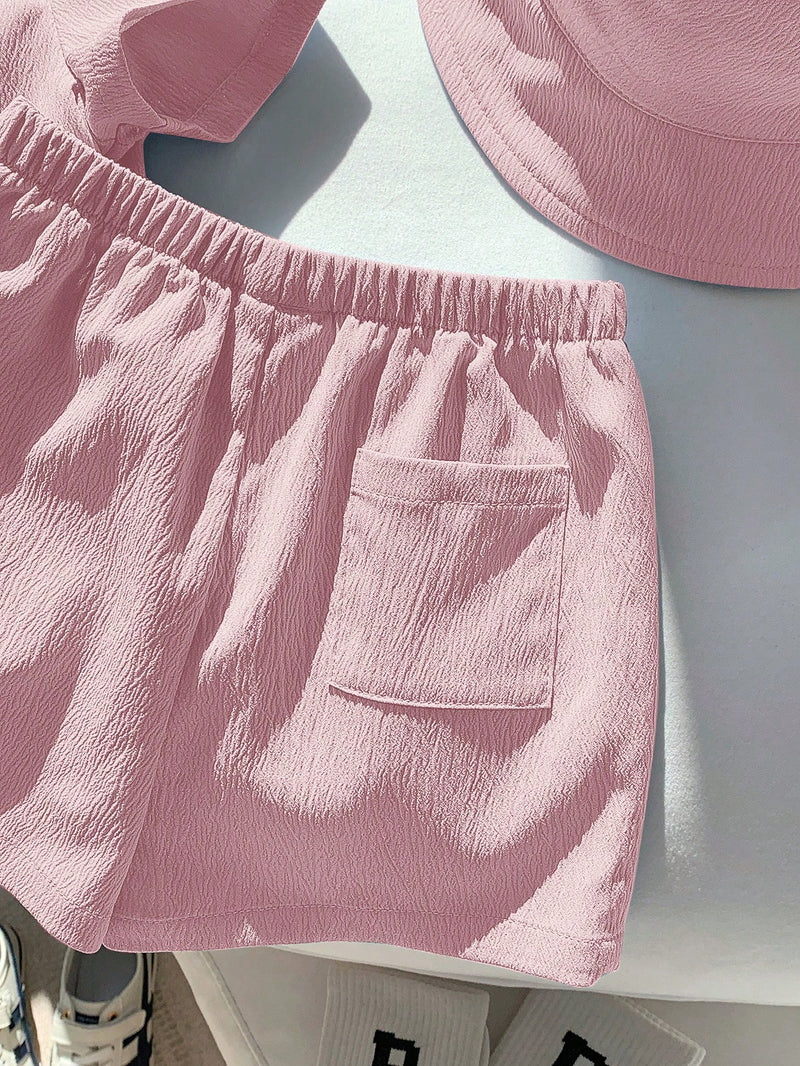3 peças/Conjunto Cardigan de Manga Curta com Gola Bordada para Bebê Menino, Shorts com Cintura Elástica e Chapéu
