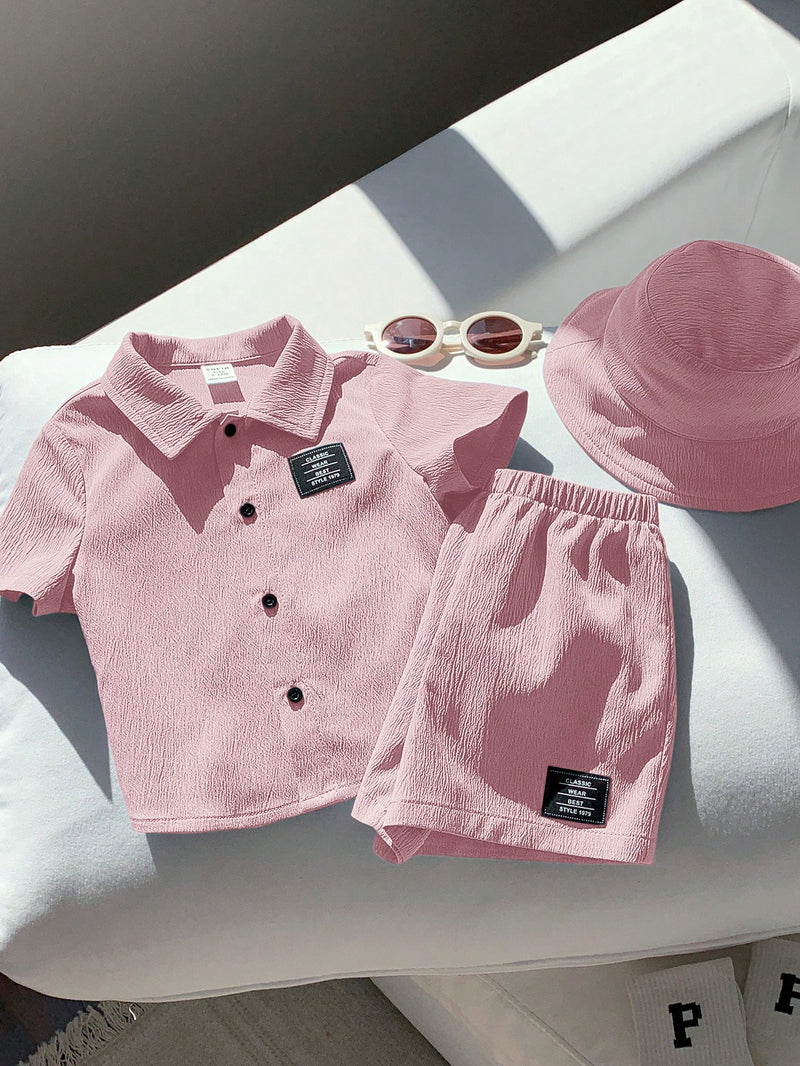 3 peças/Conjunto Cardigan de Manga Curta com Gola Bordada para Bebê Menino, Shorts com Cintura Elástica e Chapéu