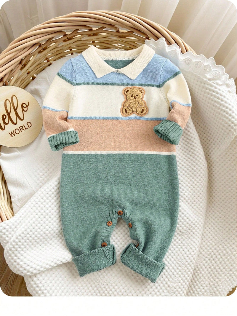 Bebê Recém-nascido Menino/Menina Macacão Estampado Fofo de Bloco de Cores com Gola Polo de Manga Longa, Outono/Inverno