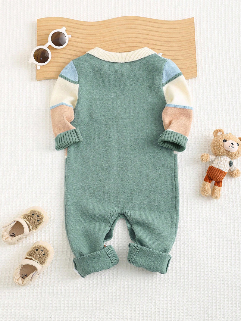 Bebê Recém-nascido Menino/Menina Macacão Estampado Fofo de Bloco de Cores com Gola Polo de Manga Longa, Outono/Inverno