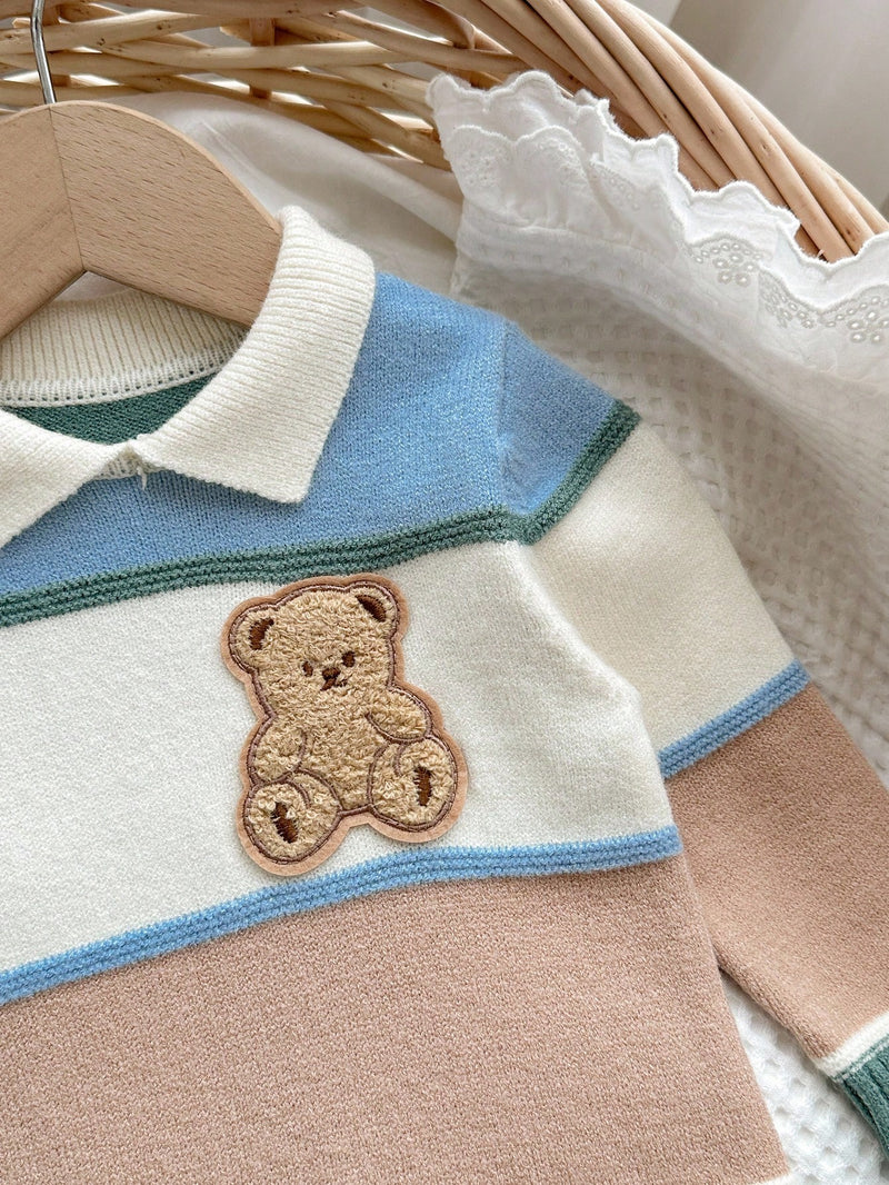 Bebê Recém-nascido Menino/Menina Macacão Estampado Fofo de Bloco de Cores com Gola Polo de Manga Longa, Outono/Inverno