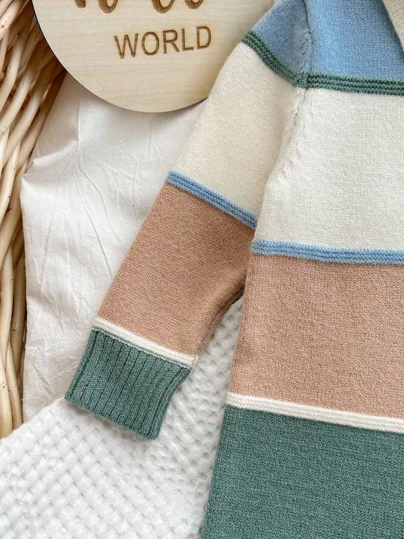 Bebê Recém-nascido Menino/Menina Macacão Estampado Fofo de Bloco de Cores com Gola Polo de Manga Longa, Outono/Inverno