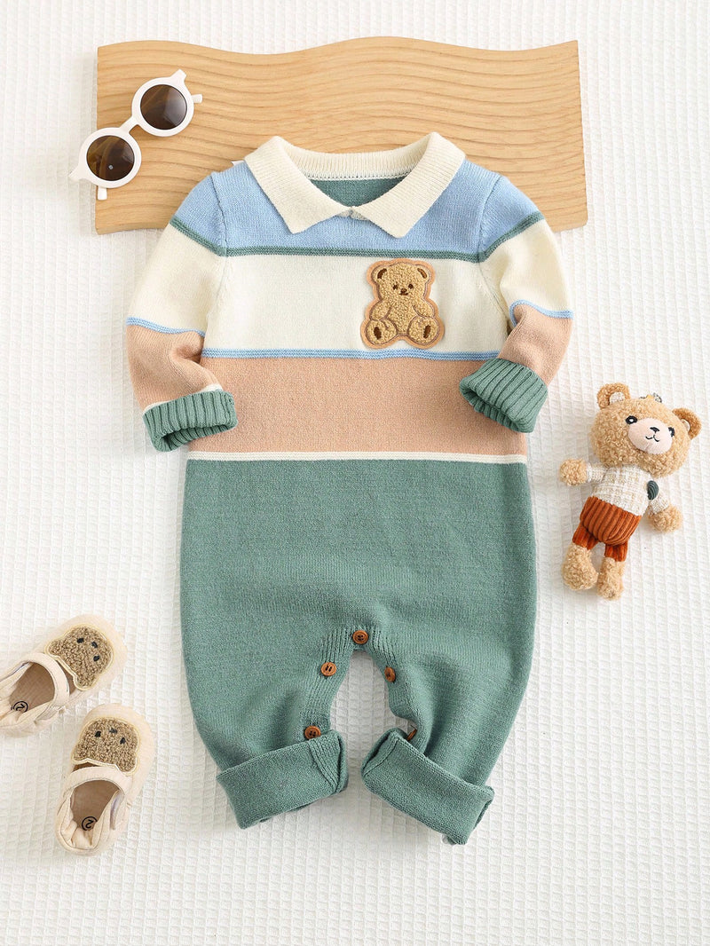 Bebê Recém-nascido Menino/Menina Macacão Estampado Fofo de Bloco de Cores com Gola Polo de Manga Longa, Outono/Inverno