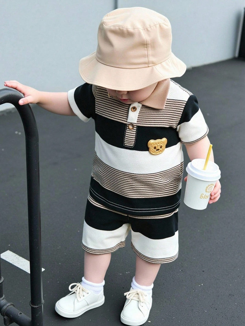 Souflis Souflis Conjunto de Bebê Menino Infantil Casual e Adorável com Camisa Polo de Manga Curta Listrada e Shorts, com Bordado de Urso, Adequado para o Verão