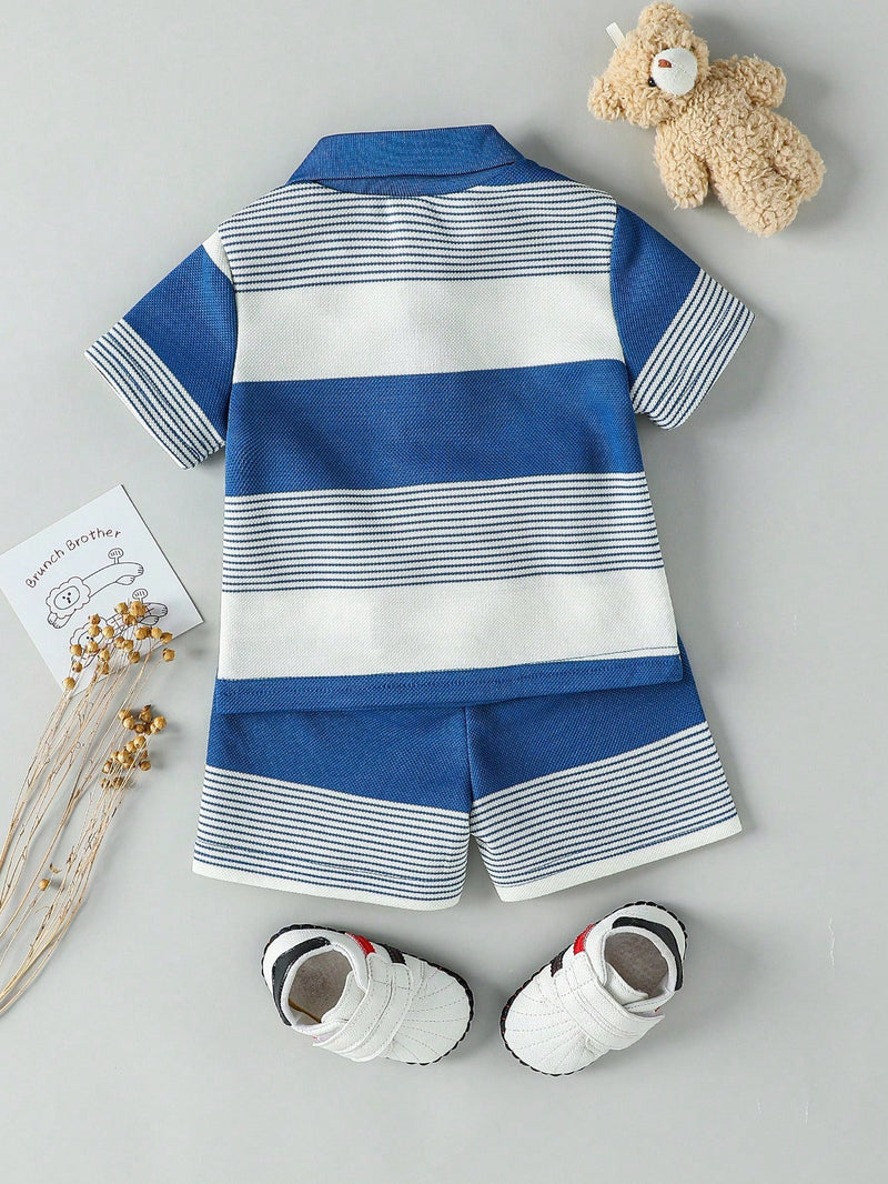 Souflis Souflis Conjunto de Bebê Menino Infantil Casual e Adorável com Camisa Polo de Manga Curta Listrada e Shorts, com Bordado de Urso, Adequado para o Verão
