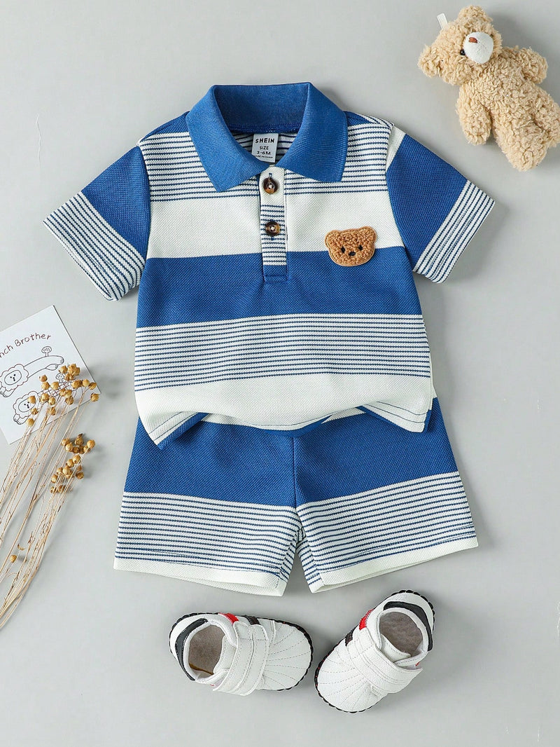Souflis Souflis Conjunto de Bebê Menino Infantil Casual e Adorável com Camisa Polo de Manga Curta Listrada e Shorts, com Bordado de Urso, Adequado para o Verão